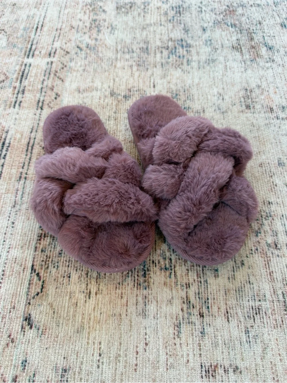 Joyfolie Plush Cross-Band Kids Slippers in Dusty Mauve